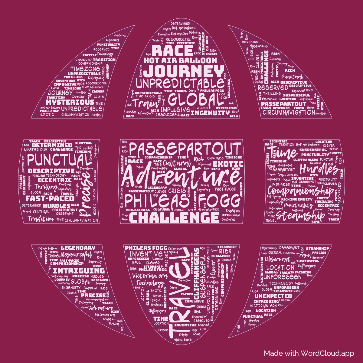 Word cloud of the book Around the World in Eighty Days in a Globe shape with 48 words like Adventure, Travel and Phileas Fogg.