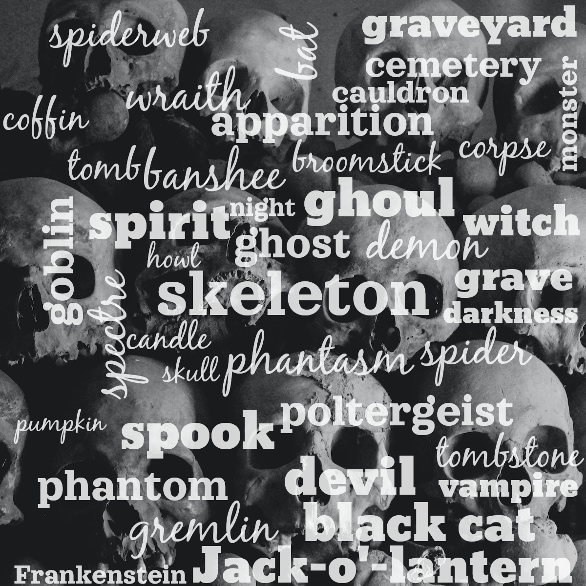 Word cloud with 40 words like skeleton, ghost and phantasm in white.