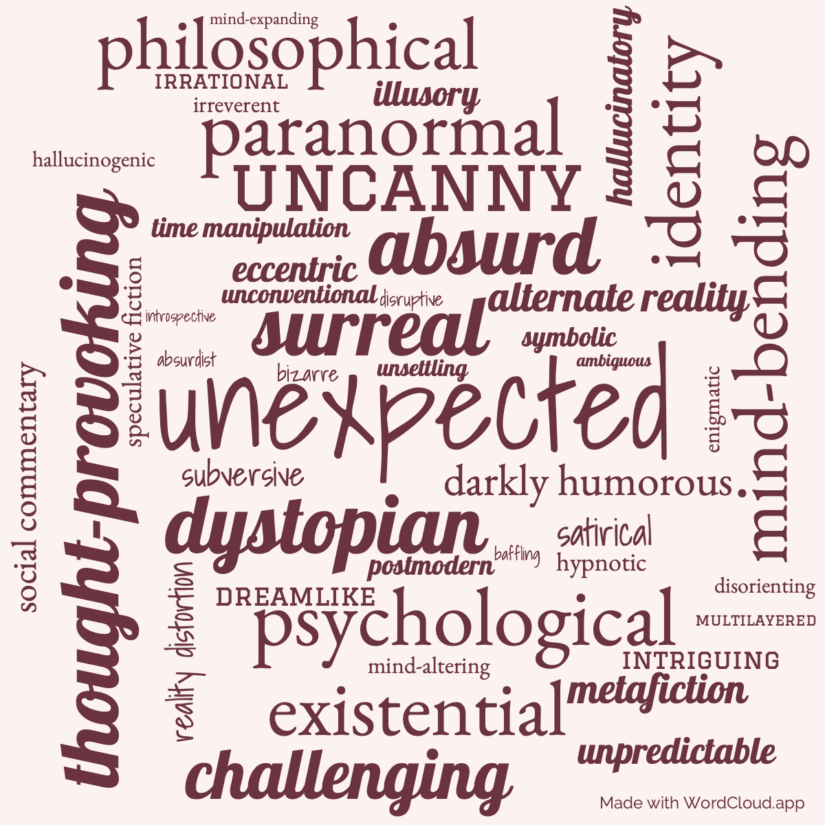 Word cloud of the book Humpty Dumpty in Oakland with 47 words like unexpected, surreal and dystopian.