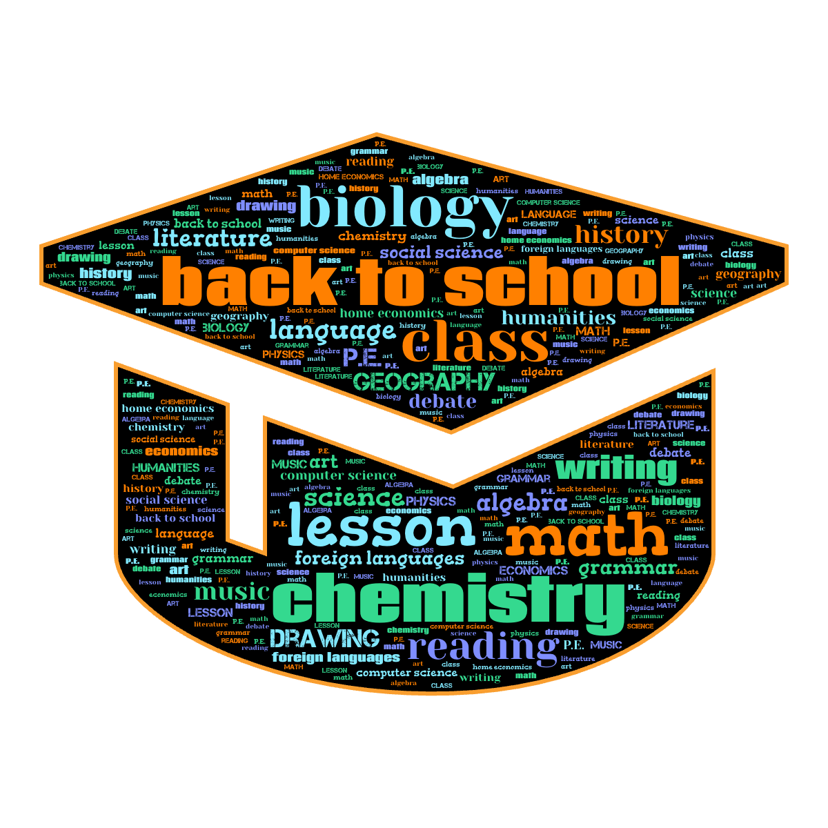 Word cloud in a Graduation Cap shape with 27 words like back to school, class and lesson in multicolor.