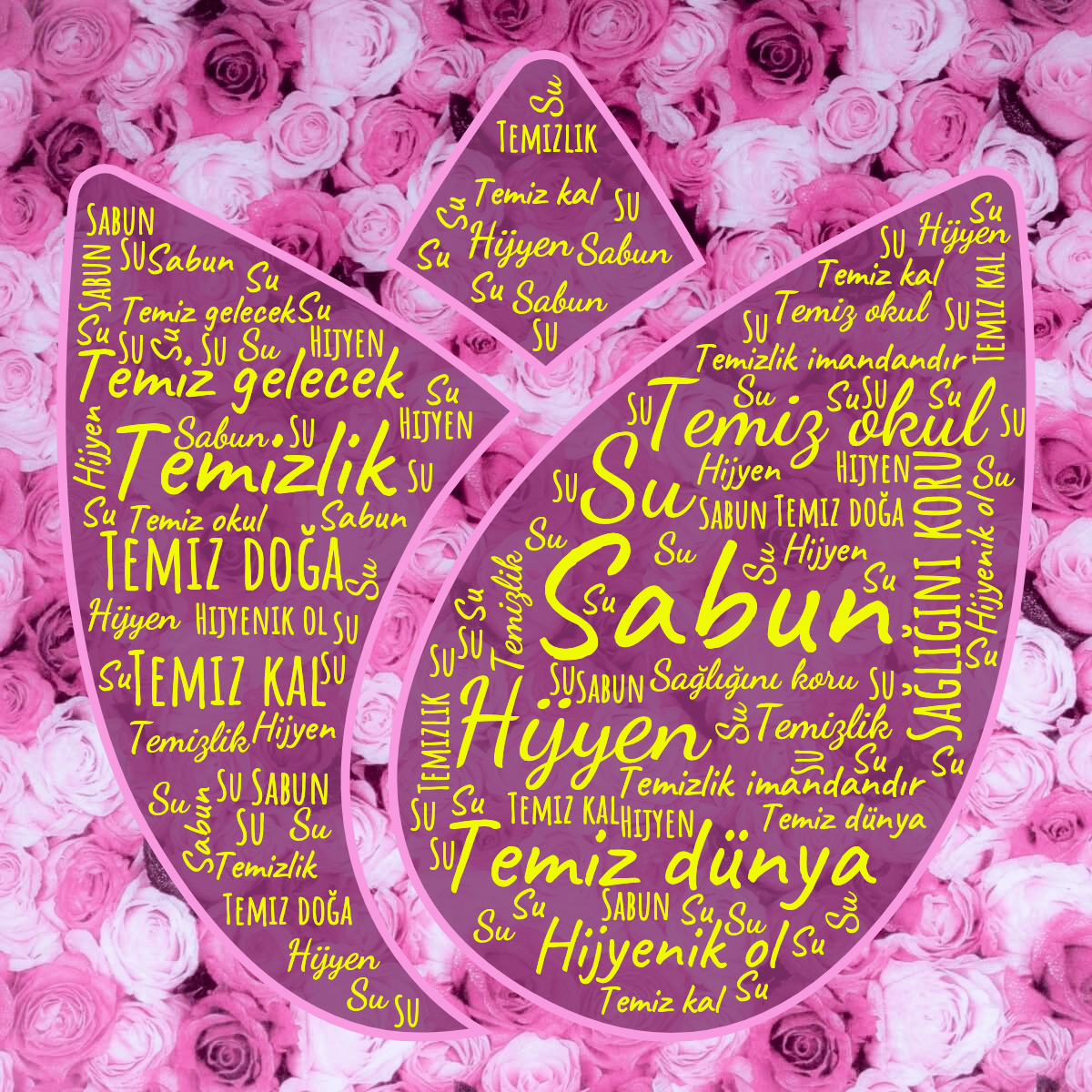 Word cloud in a Tulip shape with 12 words like Sabun, Su and Hijyen in yellow and purple.