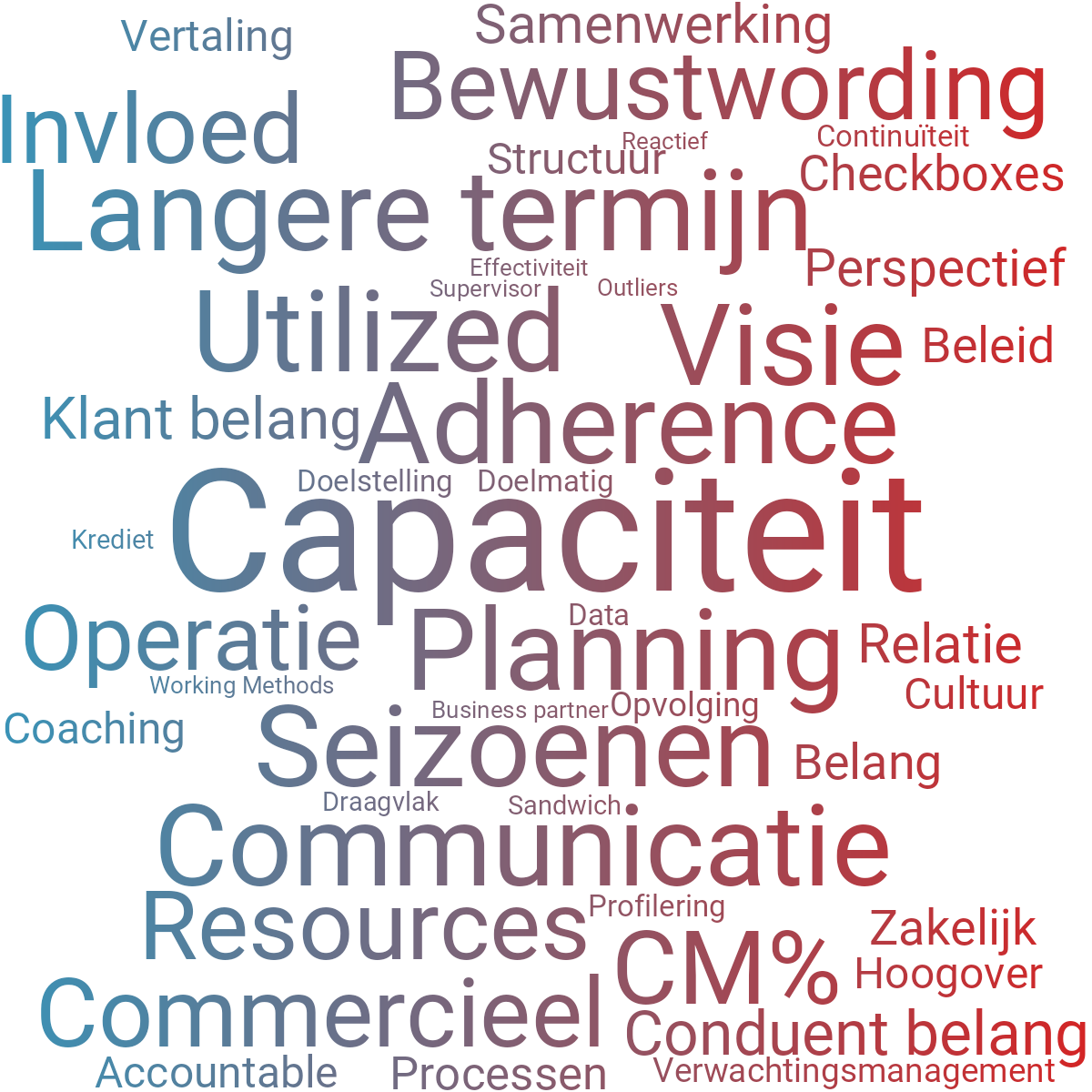 Word cloud with 46 words like Capaciteit, Planning and Adherence in blue and red.