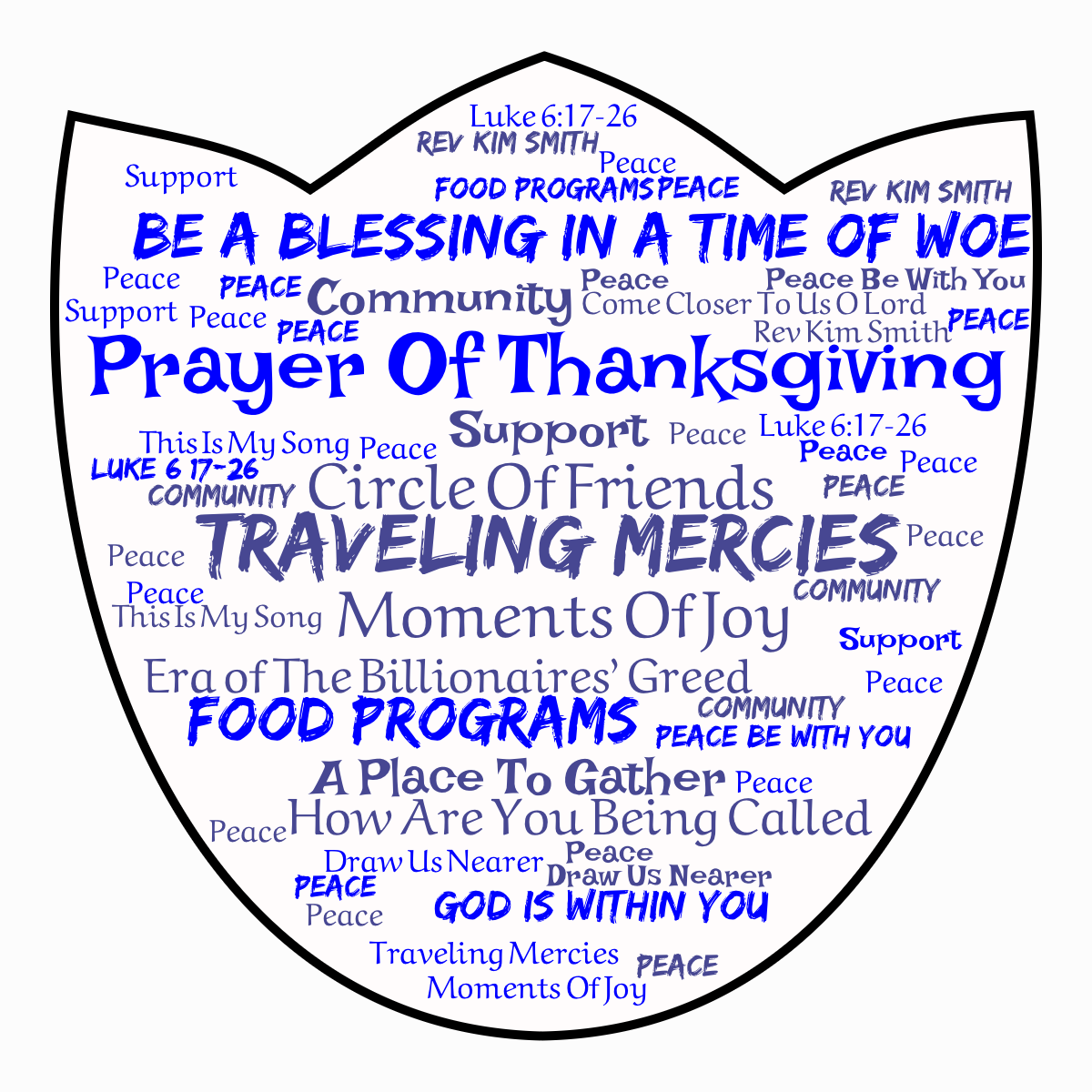 Word cloud in a Tulip shape with 23 words like Traveling Mercies, Prayer Of Thanksgiving and Be A Blessing In A Time of Woe in multicolor.