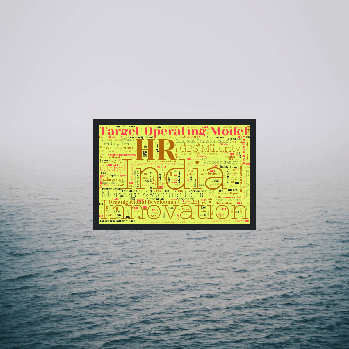 Word cloud in a Horizontal Rectangle shape with 47 words like India, HR and Innovation in multicolor.
