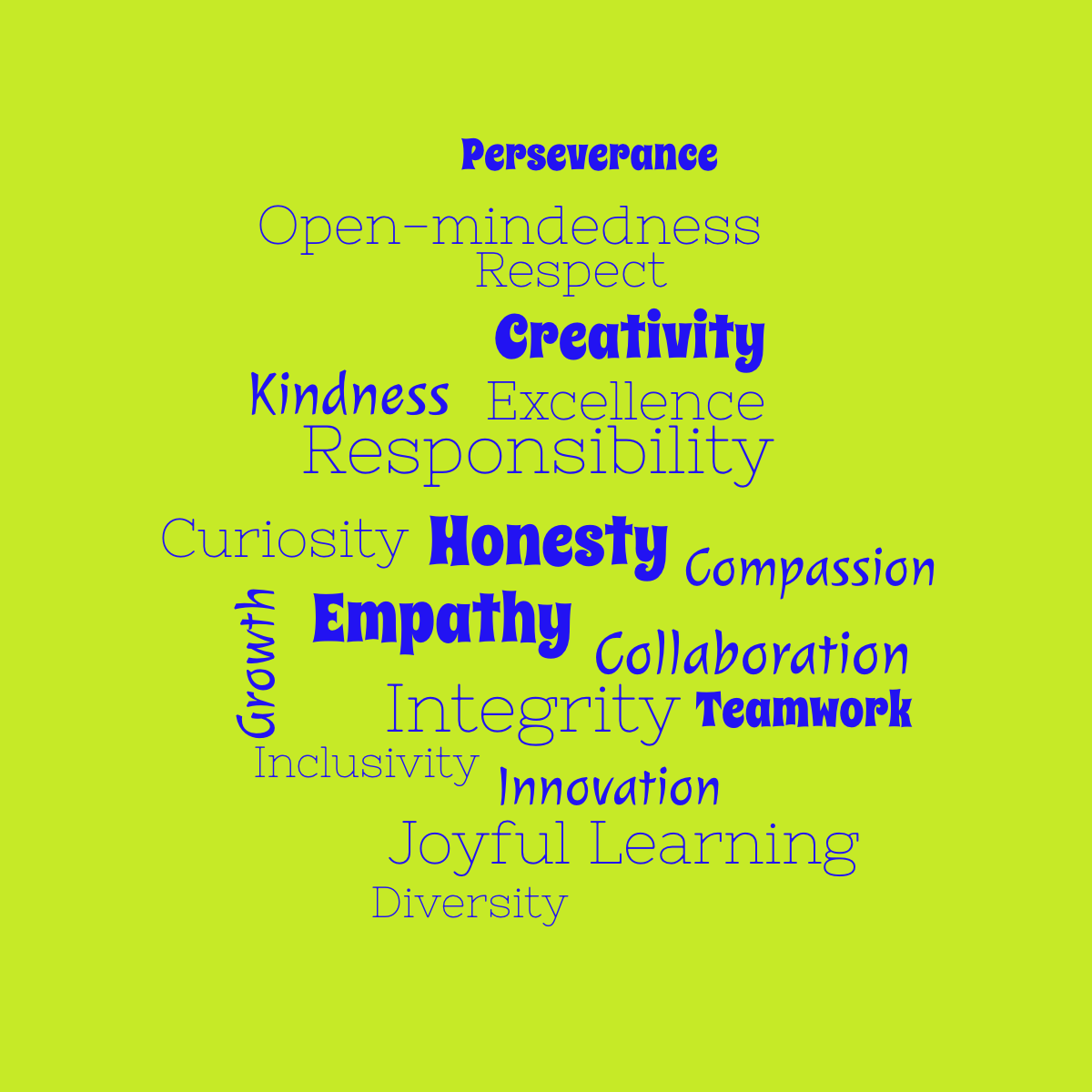 Word cloud with 19 words like Respect, Curiosity and Kindness in bright blue and green.