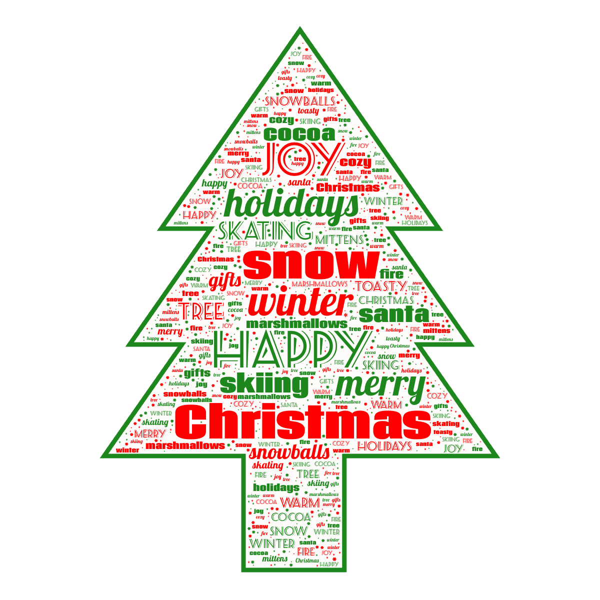 Word cloud in a Christmas Tree shape with 21 words like Christmas, winter and snow in red, green and orange.