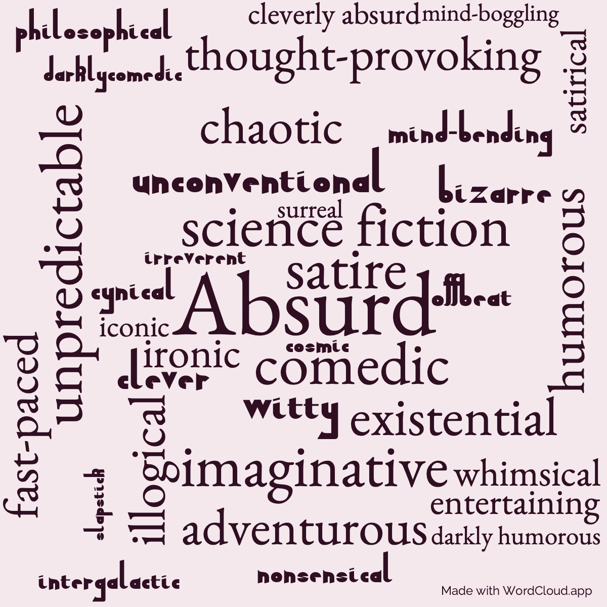 Word cloud of the book Mostly Harmless with 36 words like Absurd, comedic and science fiction.