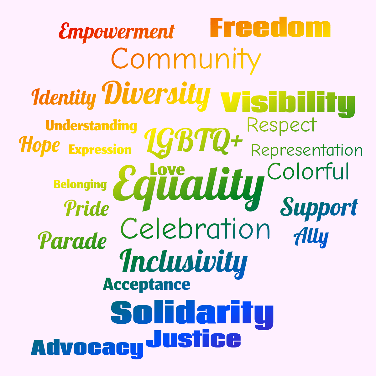Word cloud with 26 words like Equality, LGBTQ+ and Celebration in multicolor.