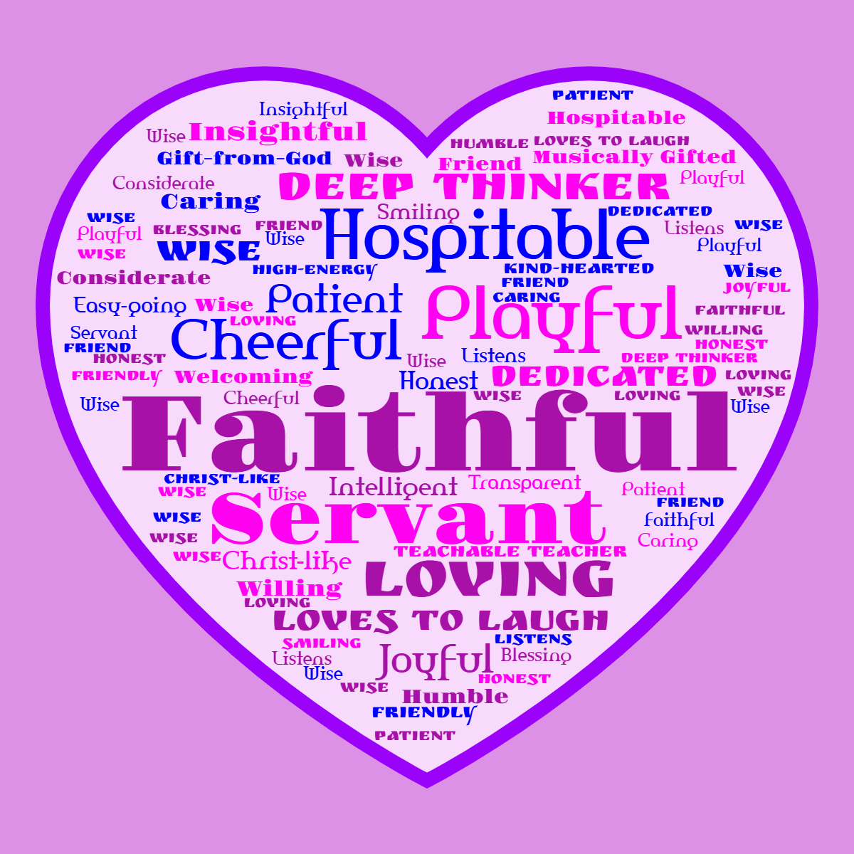 Word cloud in a Heart shape with 34 words like Faithful, Playful and Servant in purple and blue.