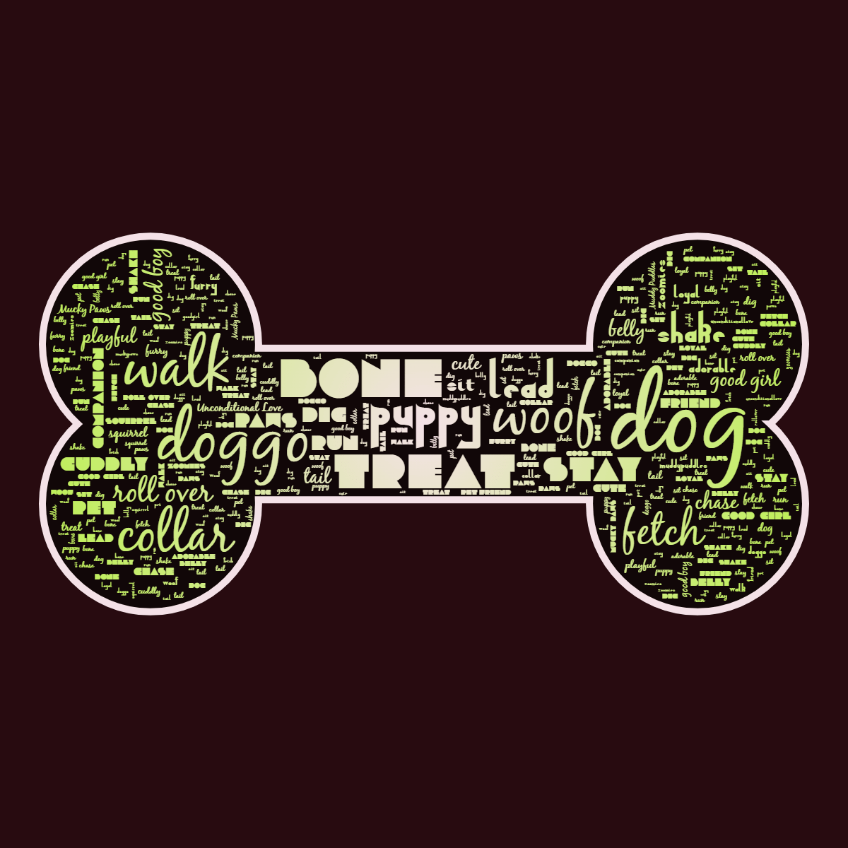 Word cloud in a Dog Bone shape with 36 words like dog, puppy and doggo in red, green and black.