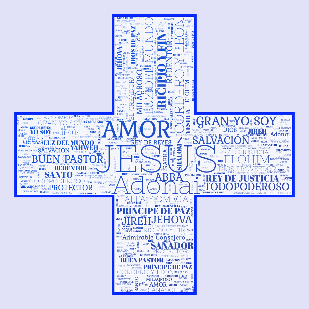 Word cloud in a Plus shape with 33 words like JESÚS, Adonai and AMOR in blue.