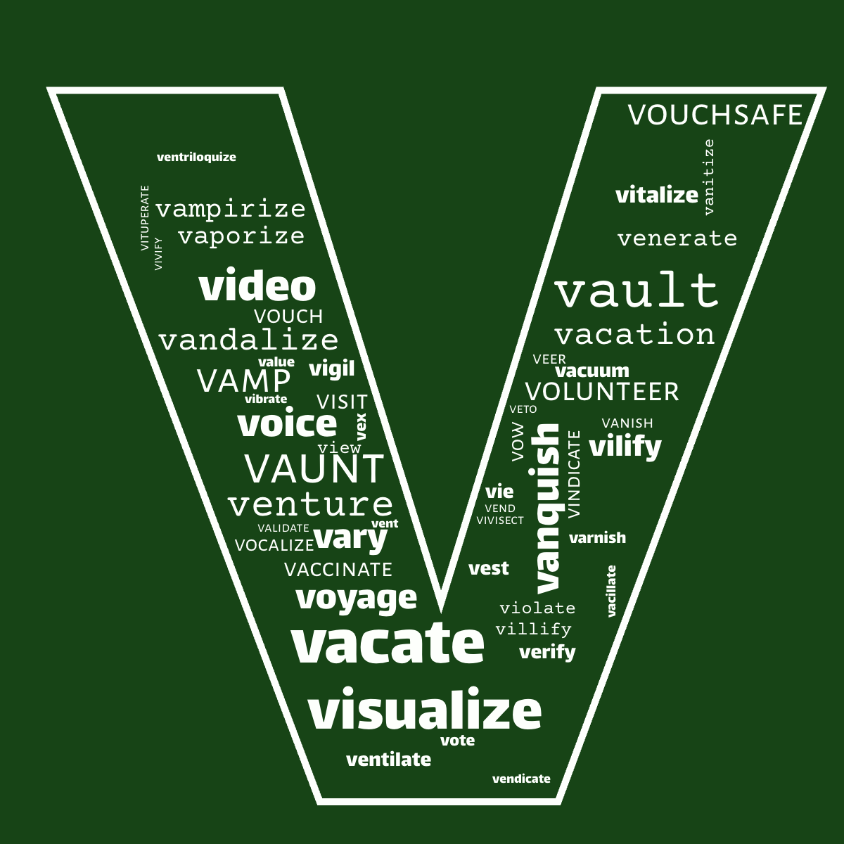 Word cloud in the shape of the letter V with 53 words like vote, verify and visualize in green.