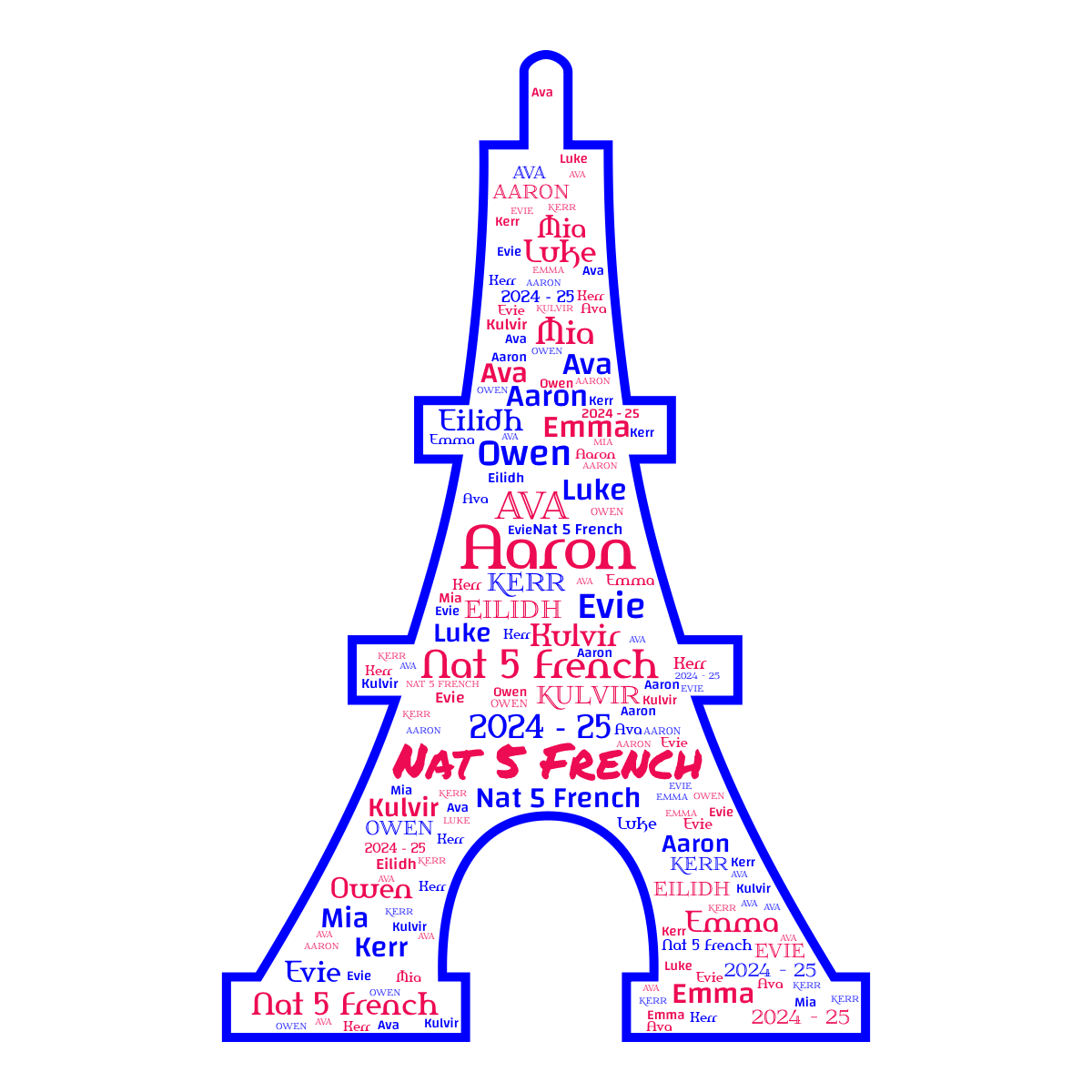 Word cloud in an Eiffel Tower shape with 12 words like Aaron, Eilidh and Mia in red, blue and white.