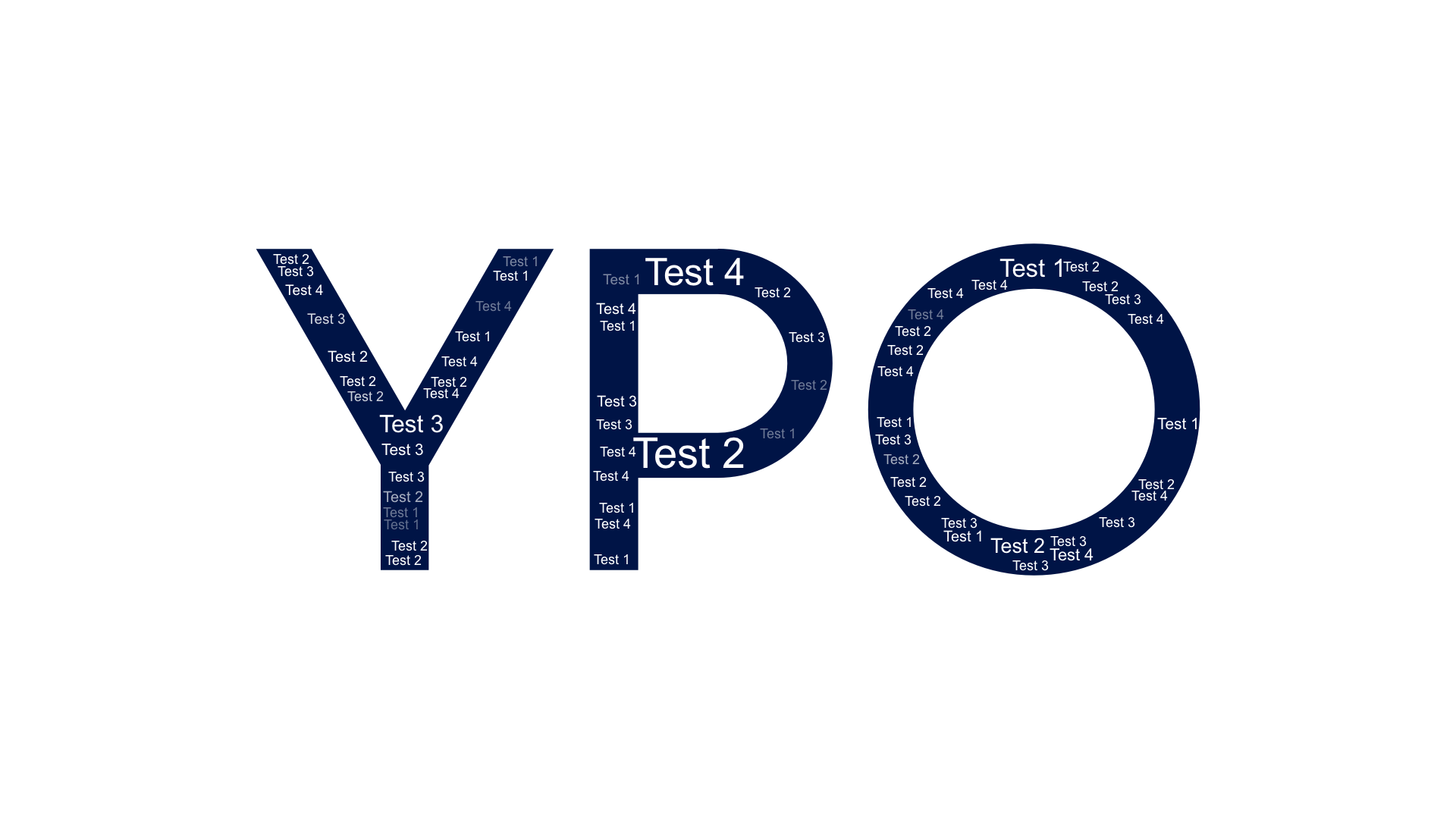 Word cloud in a custom shape with 4 words like Test 1, Test 2 and Test 3 in white.