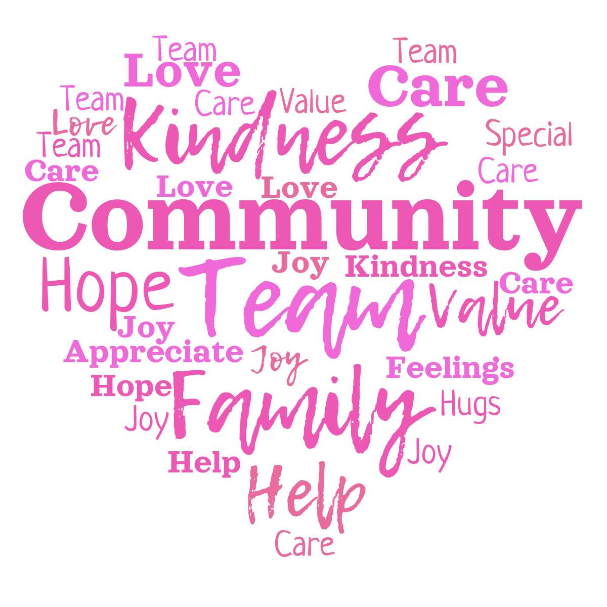 Word cloud in a Heart shape with 19 words like Community, Team and Family in pink and purple.