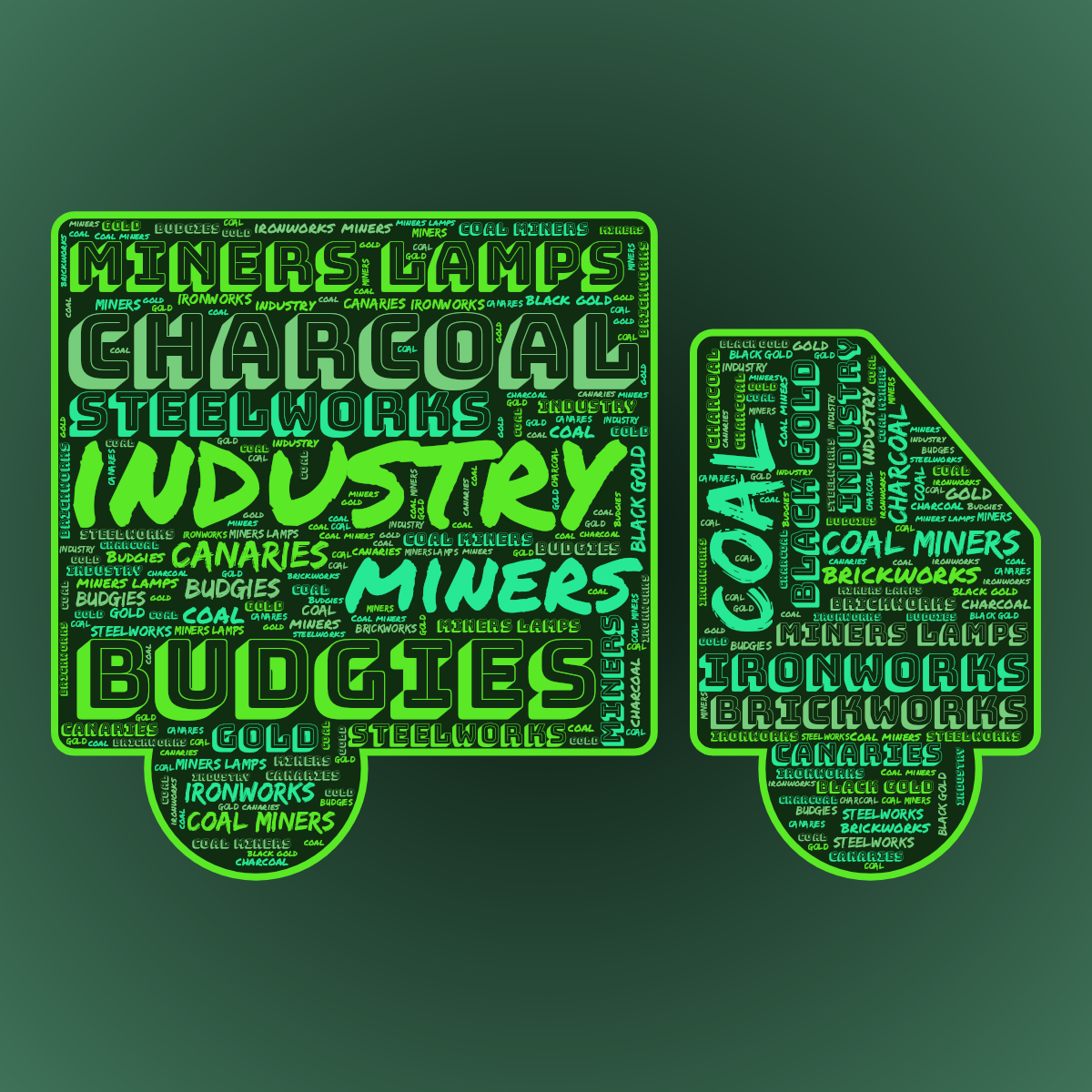 Word cloud in a Truck shape with 13 words like industry, Budgies and coal in green and black.