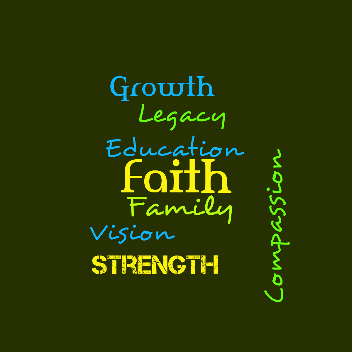 Word cloud with 8 words like Faith, Family and Education in yellow, green and blue.