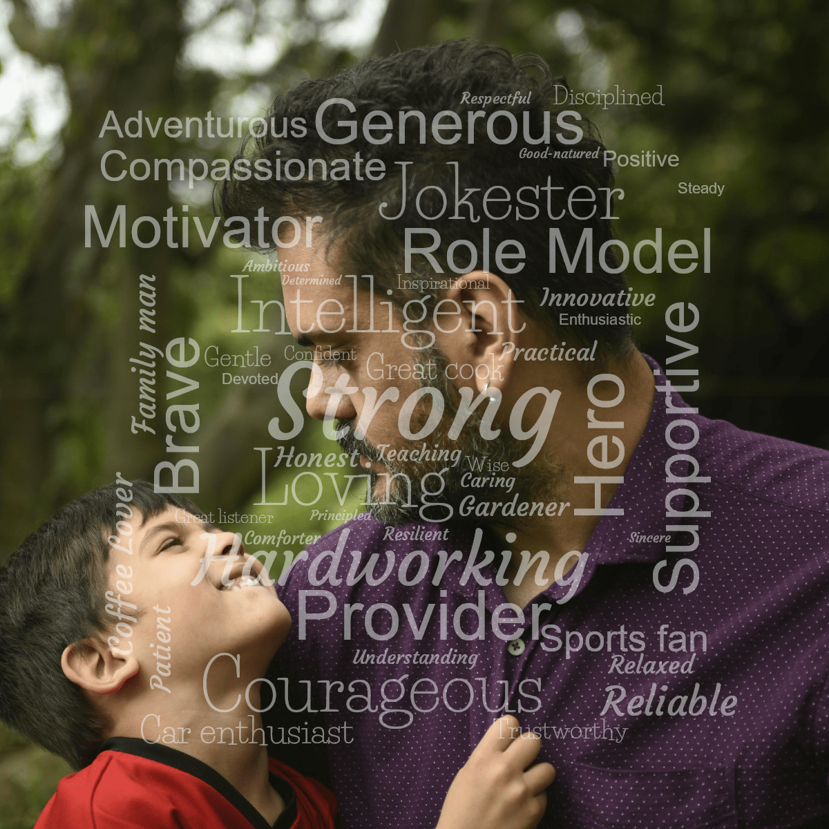 Word cloud with 49 words like Strong, Intelligent and Loving in light blue.