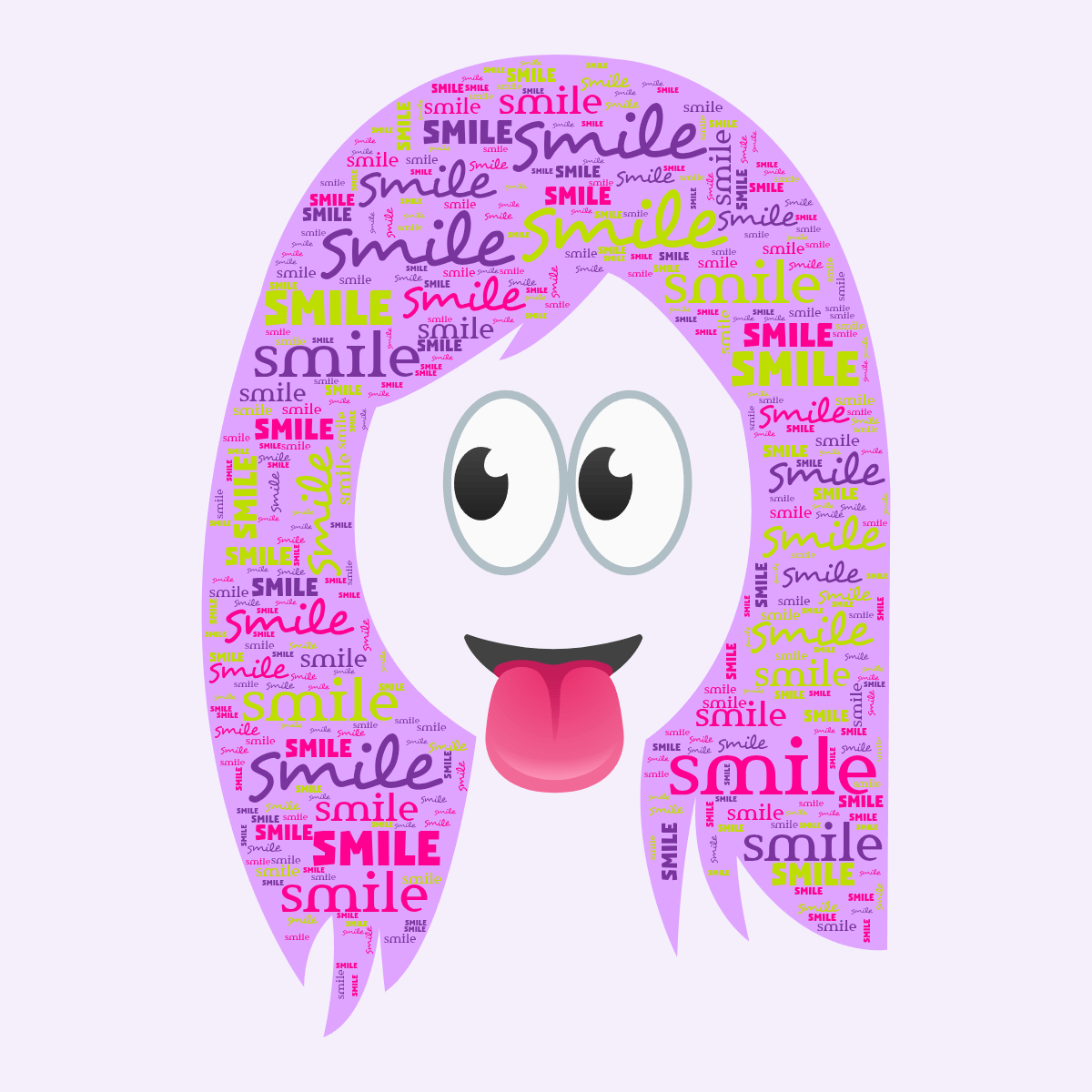Word cloud in a Woman Face shape with 1 repeated word smile in green, pink and purple.