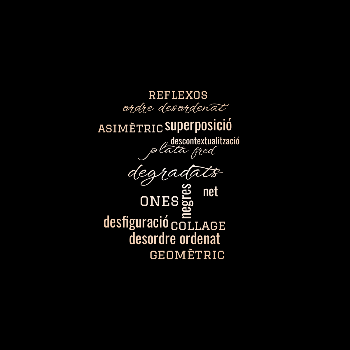 Word cloud with 15 words like degradats, negres and plata in white, orange and black.