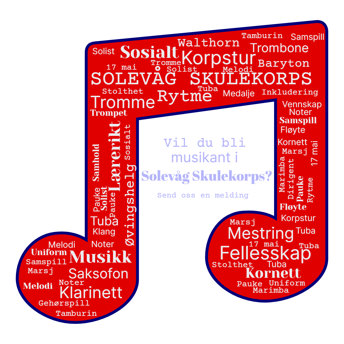 Word cloud in a Notes shape with 43 words like SOLEVÅG SKULEKORPS, Fellesskap and Korpstur in multicolor.