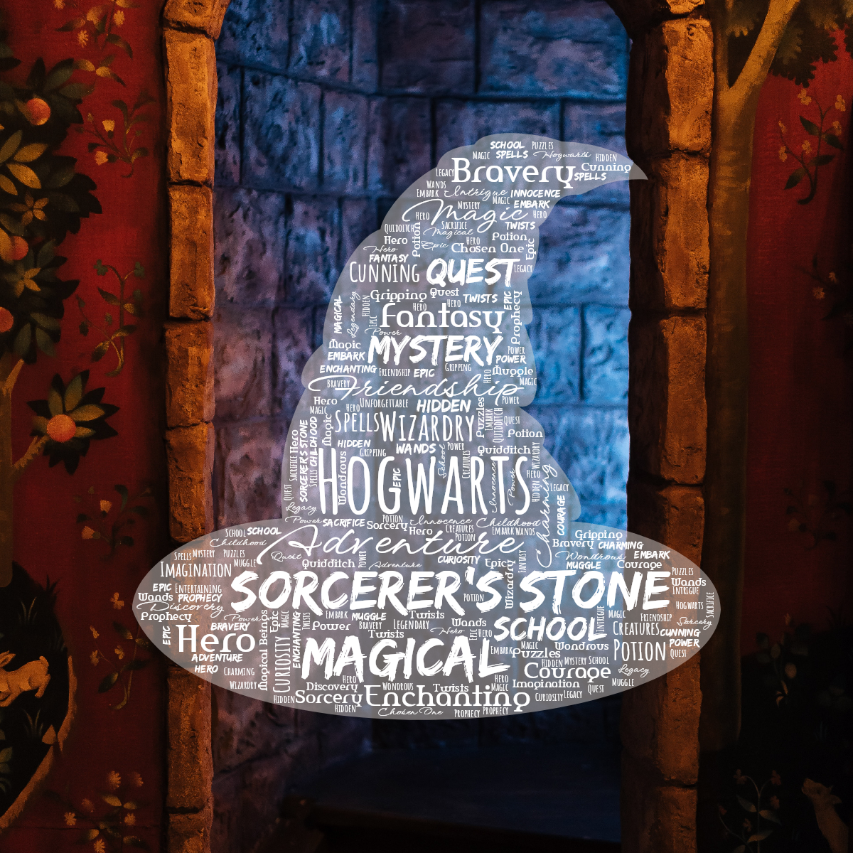 Word cloud in a Witch Hat shape with 47 words like Hogwarts, Sorcerer's Stone and Magical in white and orange.
