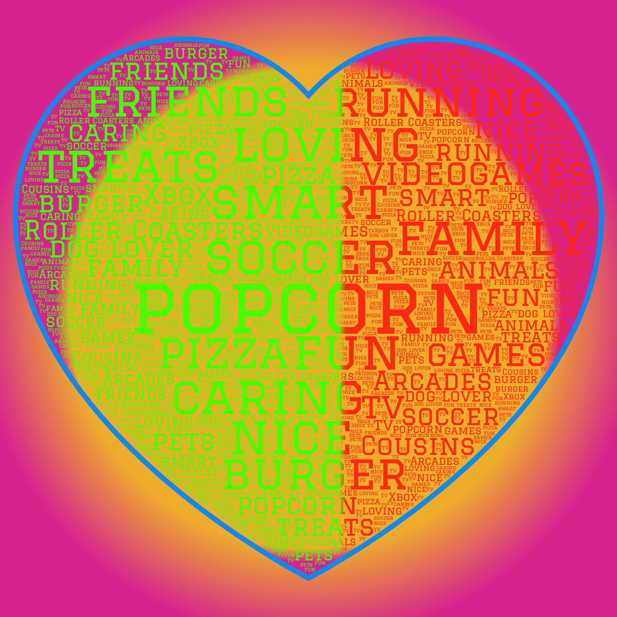 Word cloud in a Heart shape with 23 words like popcorn, soccer and fun in bright multicolor.