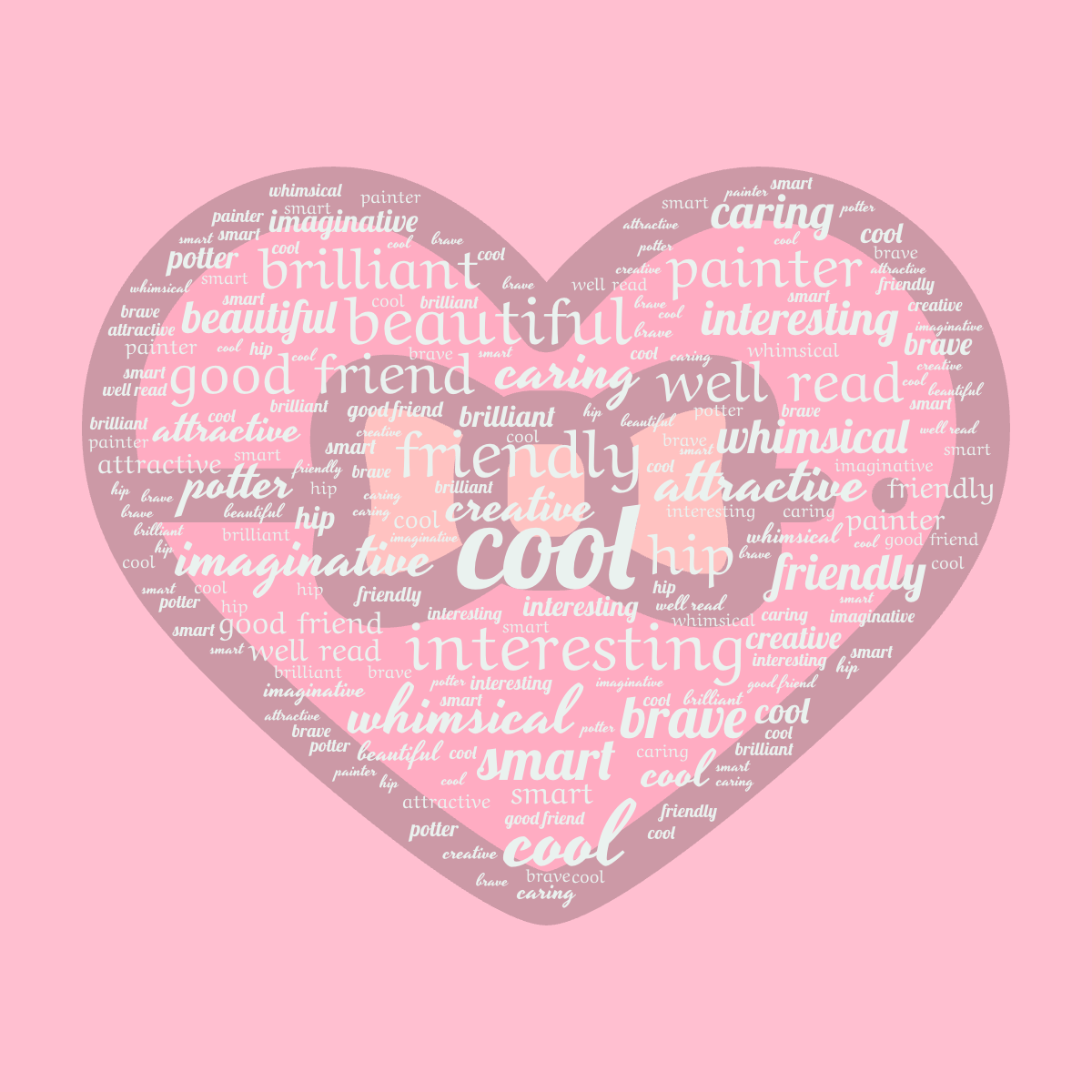 Collaborative word cloud in a custom shape with 17 words like cool, friendly and interesting in light green and red.