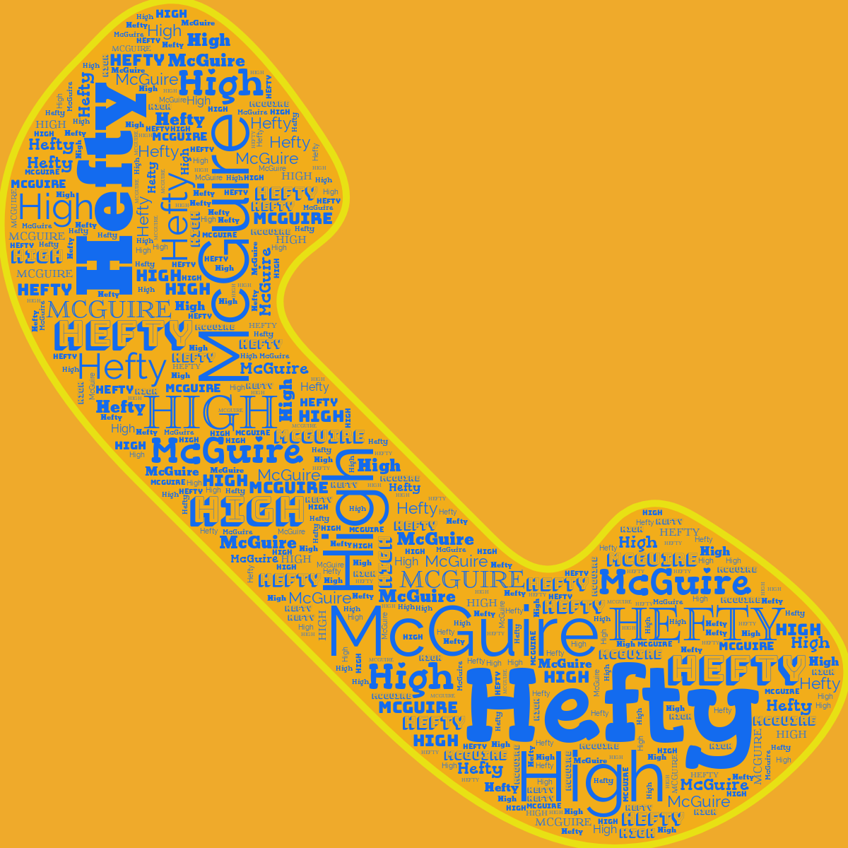 Word cloud in a Phone shape with 3 repeated words like Hefty, High and McGuire in bright blue, orange and yellow.