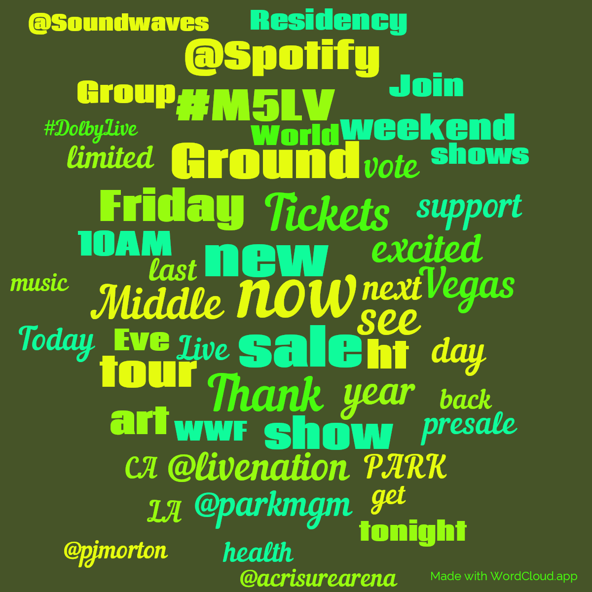 Word cloud with 50 words like now, new and sale in green.