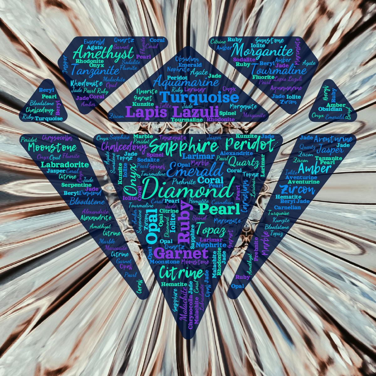 Word cloud in a Love Diamond shape with 50 words like Diamond, Emerald and Ruby in green, blue and purple.