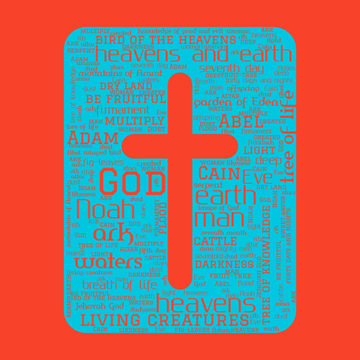 Word cloud of the book The Bible in a custom shape with 54 words like God, earth and heavens.