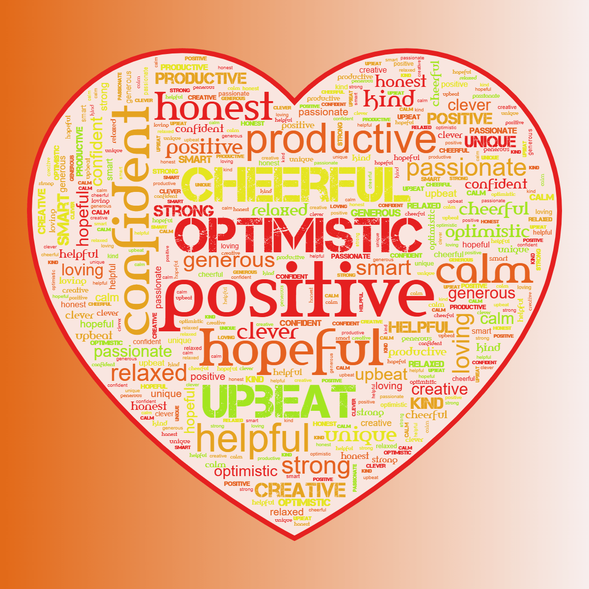 Word cloud in a Heart shape with 20 words like positive, optimistic and hopeful in multicolor.