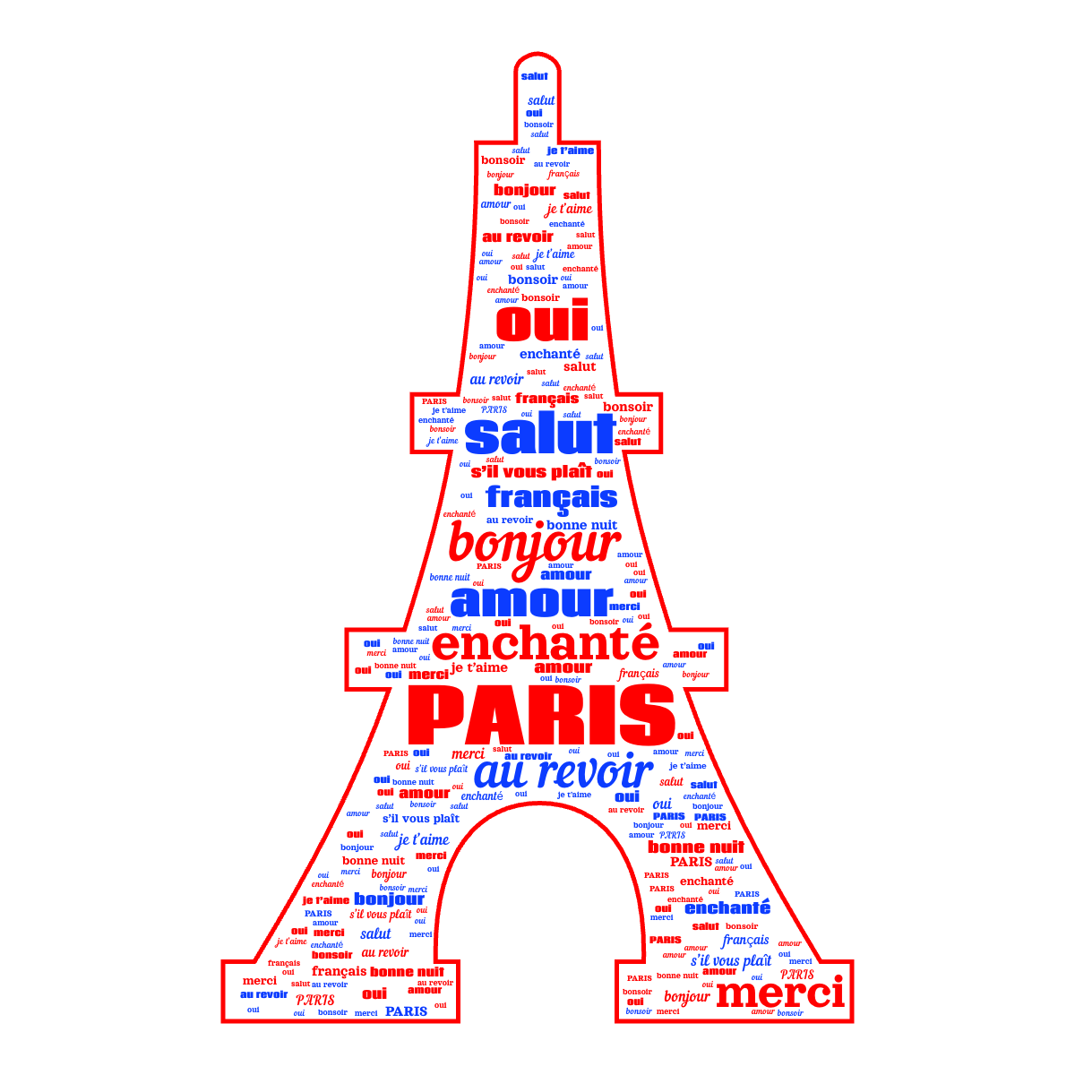 Word cloud in an Eiffel Tower shape with 13 words like PARIS, bonjour and enchanté in red, blue and white.
