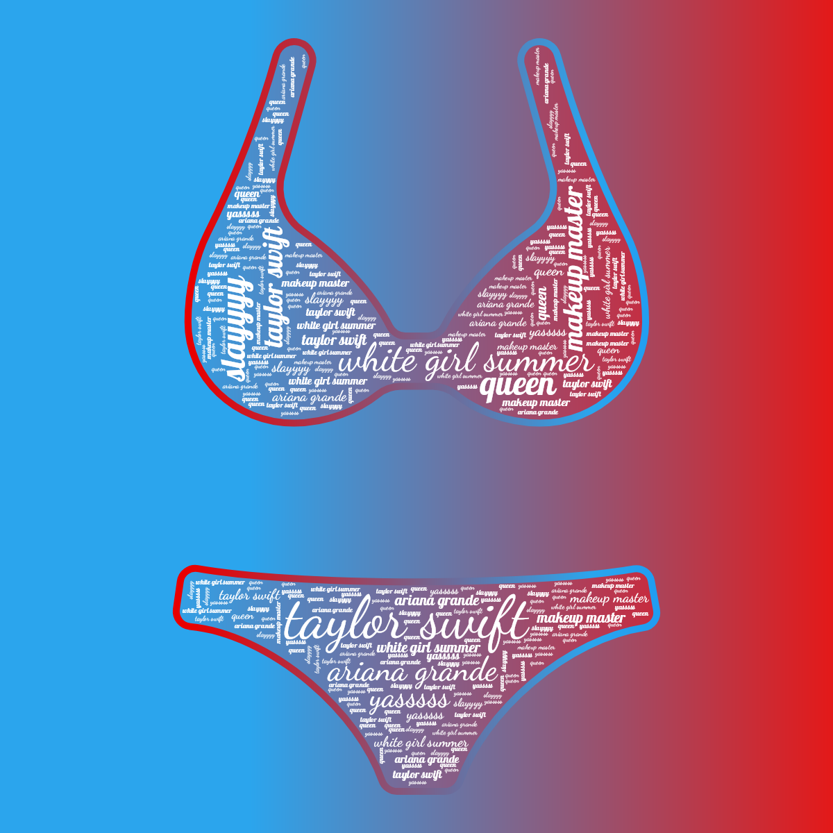 Word cloud in a Bikini shape with 7 words like taylor swift, white girl summer and ariana grande in white, blue and red.