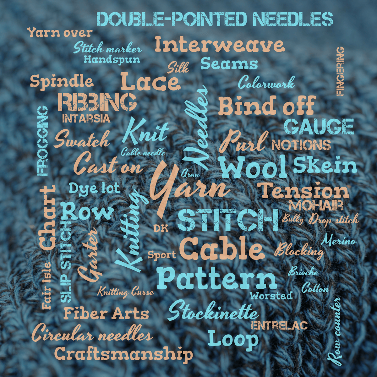 Word cloud with 56 words like Yarn, Needles and Stitch in light orange and blue.