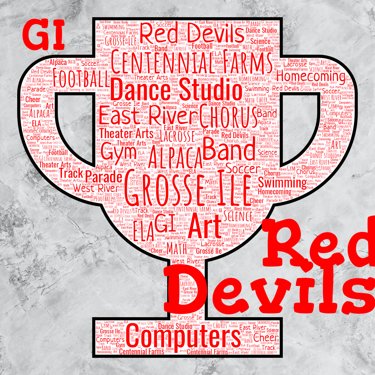 Word cloud in a Trophy Cup shape with 25 words like Grosse Ile, Alpaca and Art in red, purple and black.