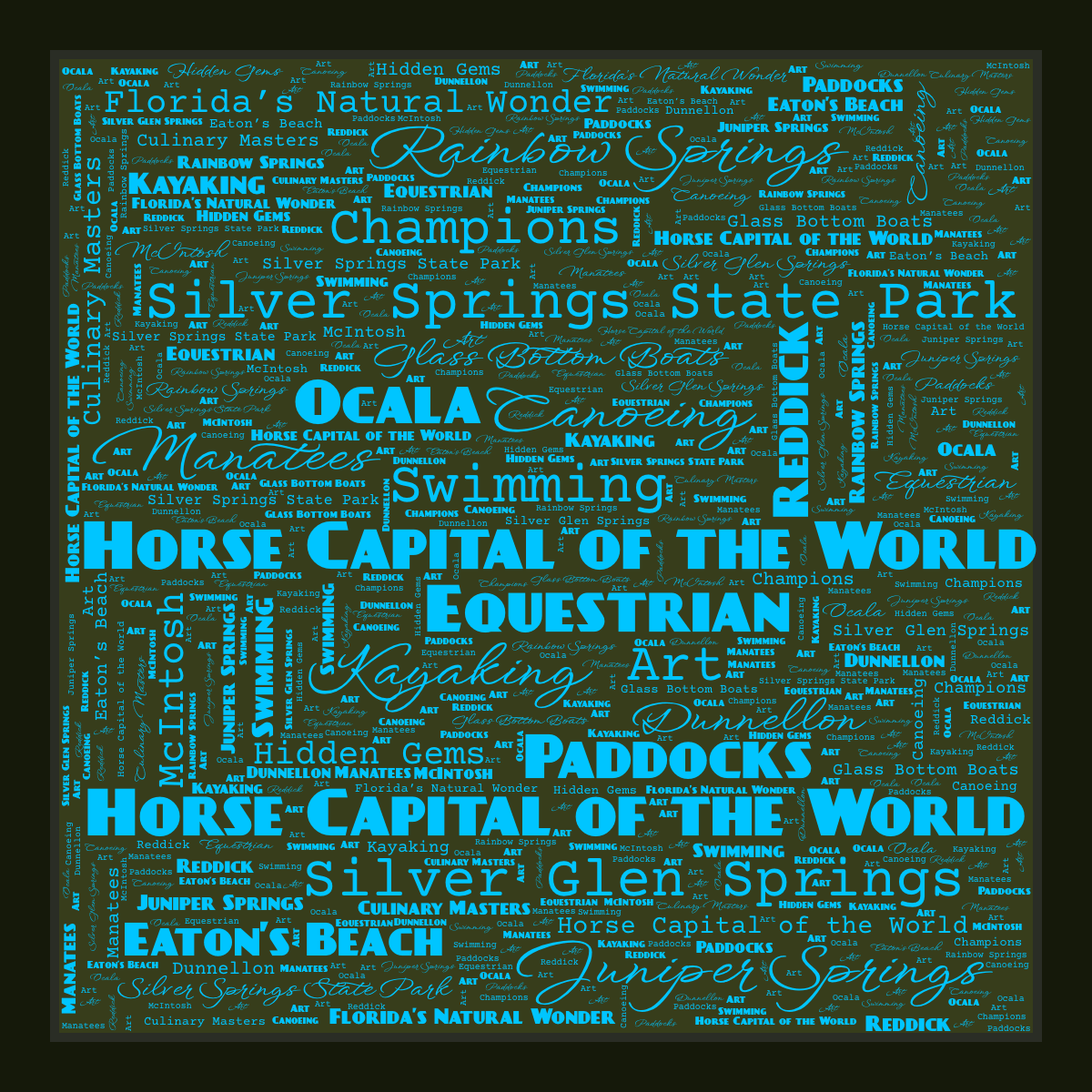 Word cloud in a Square shape with 22 words like Horse Capital of the World, Equestrian and Swimming in blue and green.
