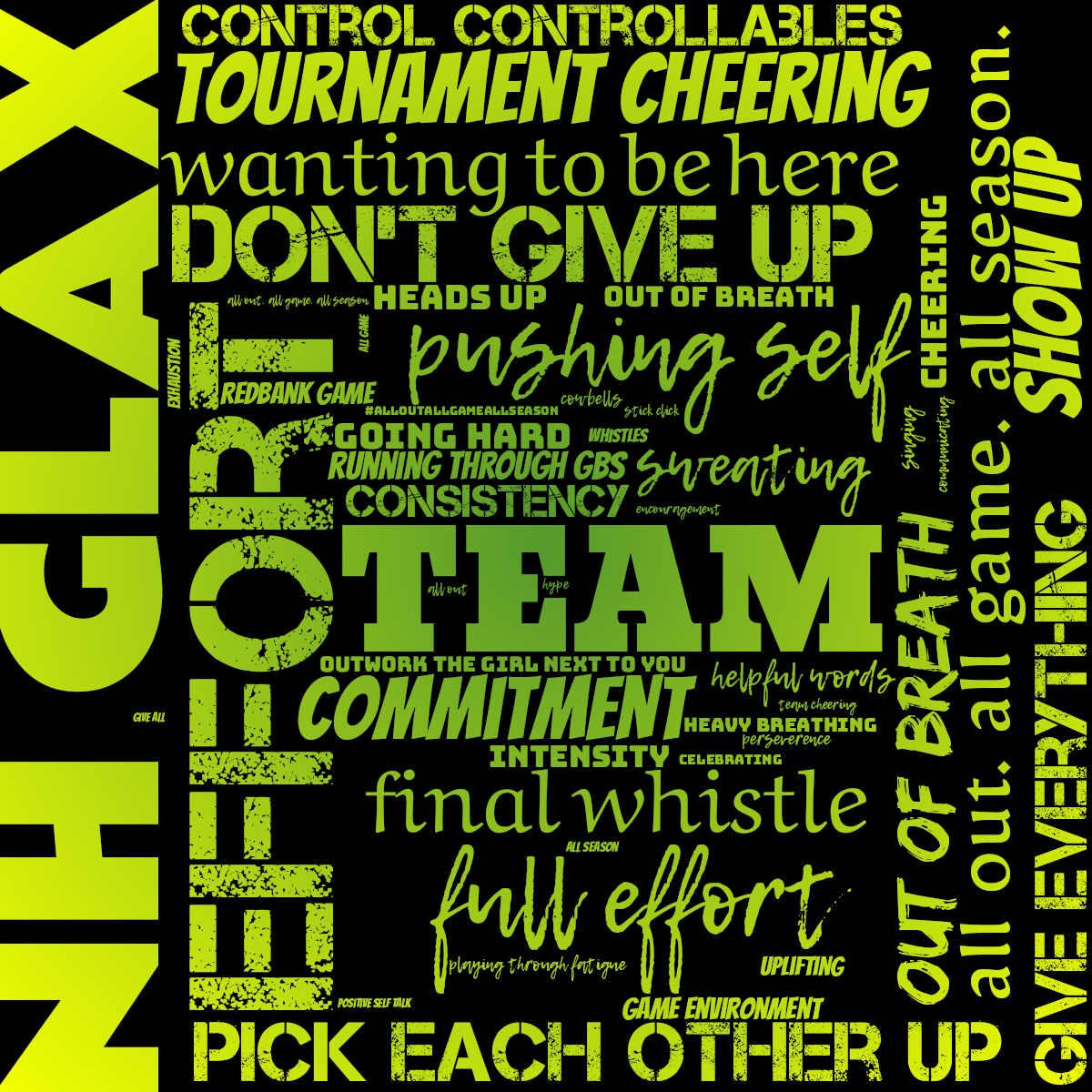 Word cloud with 37 words like tournament cheering, pushing self and full effort in green, yellow and black.