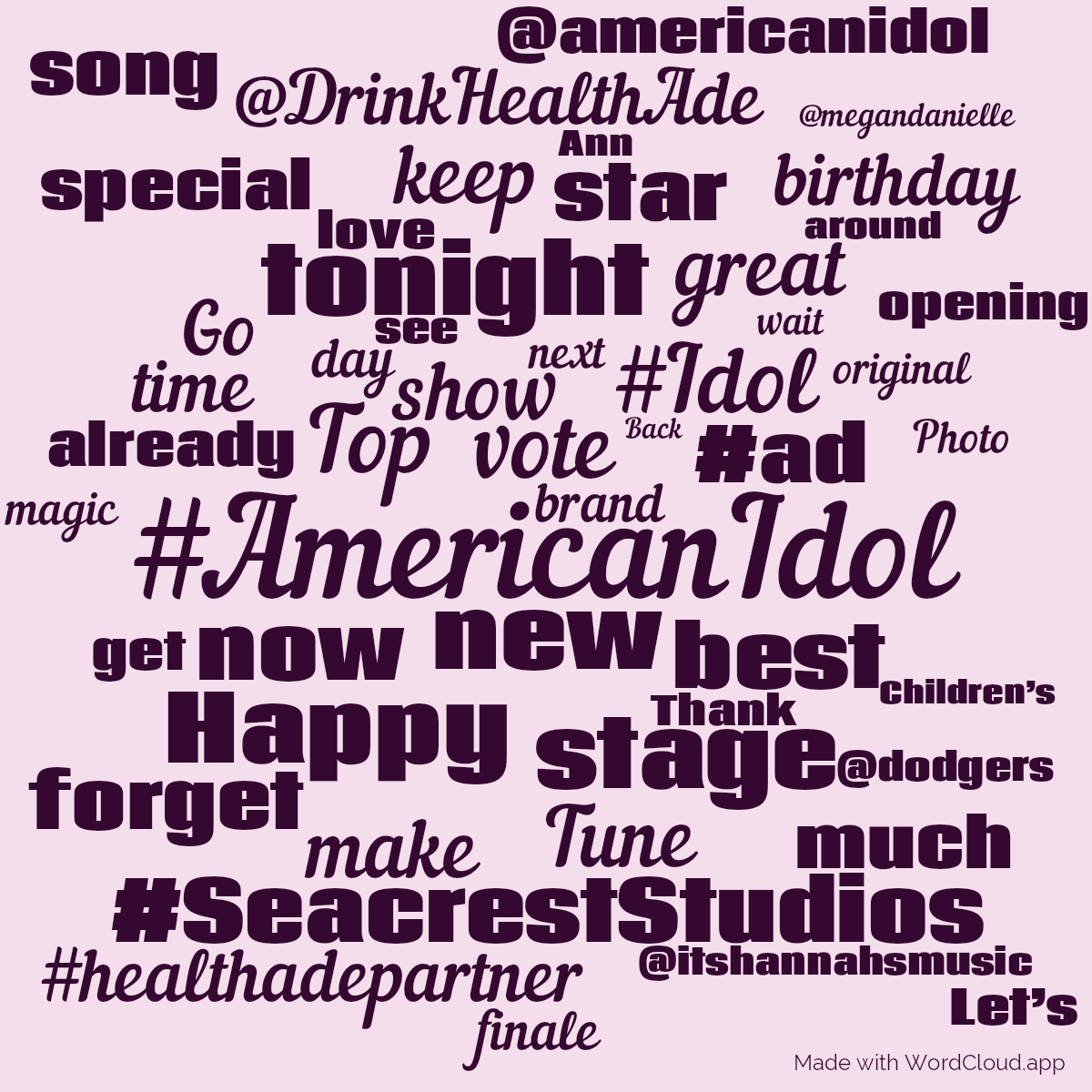 Word cloud with 50 words like #AmericanIdol, vote and new in purple and pink.