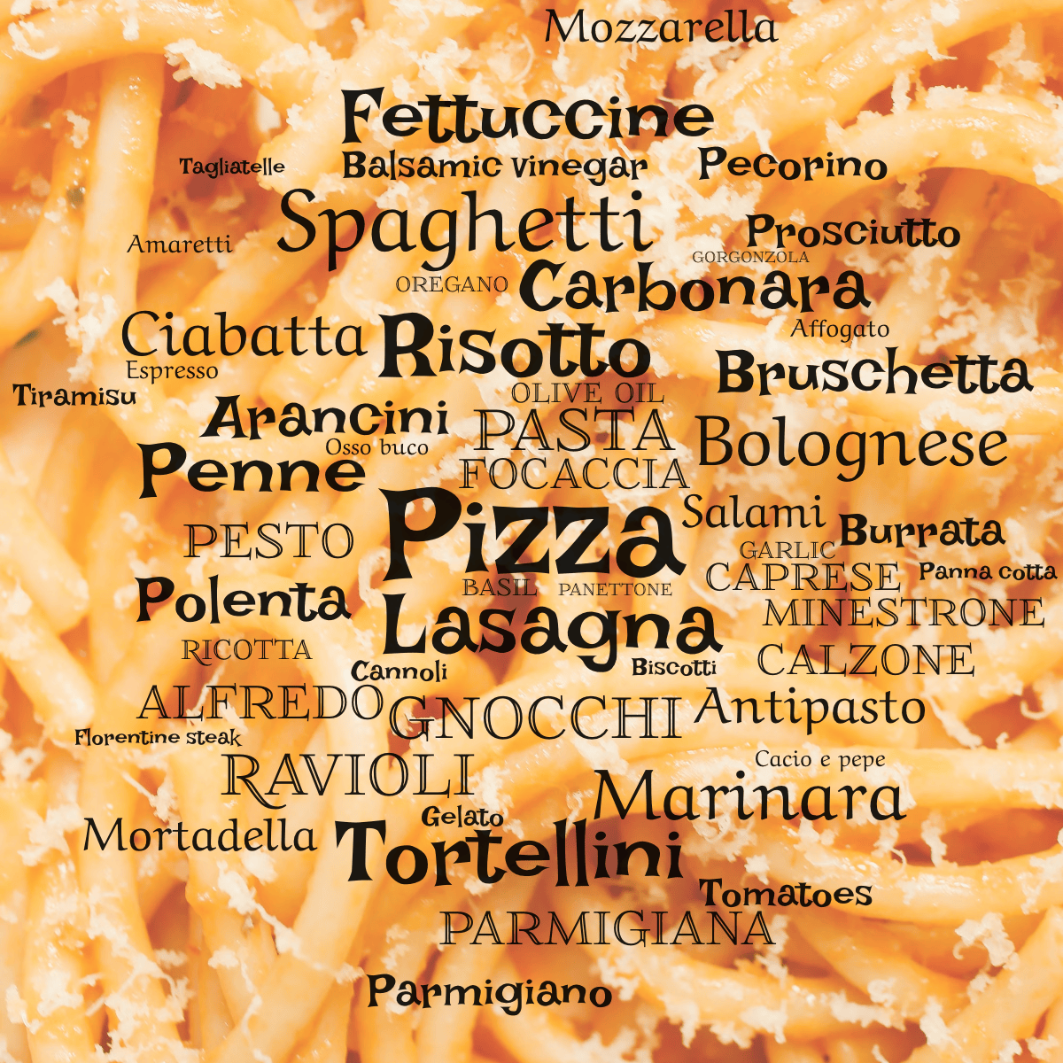 Word cloud with 53 words like Pizza, Pasta and Lasagna in black.