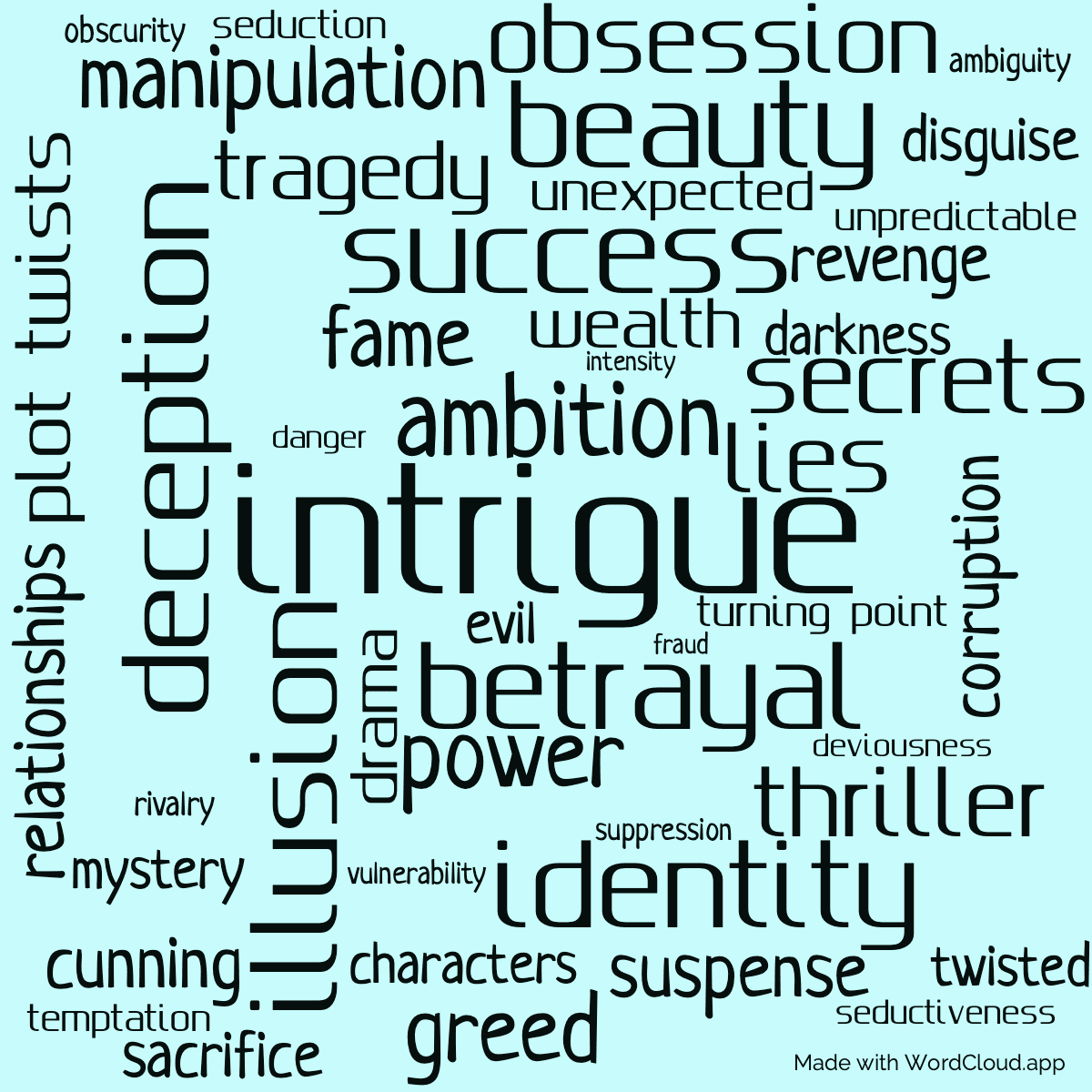 Word cloud of the book A Stranger In The Mirror with 47 words like intrigue, deception and ambition.