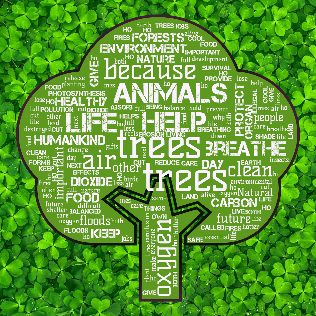 Word cloud in a Tree shape with 100 words like trees, help and air in purple, green and black.