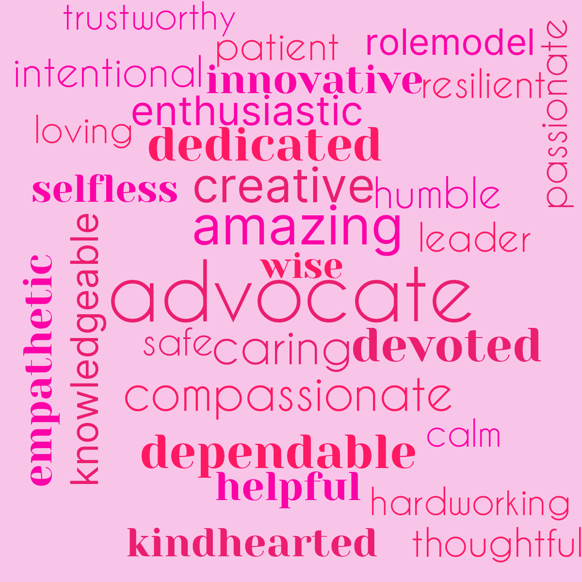 Word cloud with 29 words like advocate, amazing and caring in pink, red and purple.