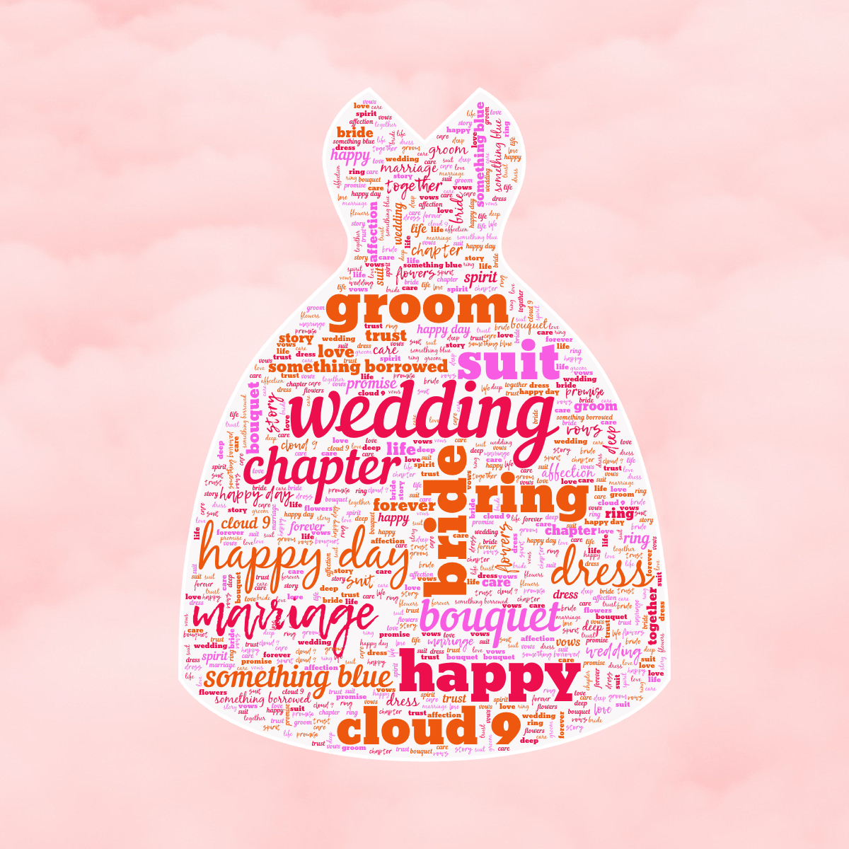 Word cloud in a Wedding Dress shape with 27 words like wedding, bride and groom in multicolor.