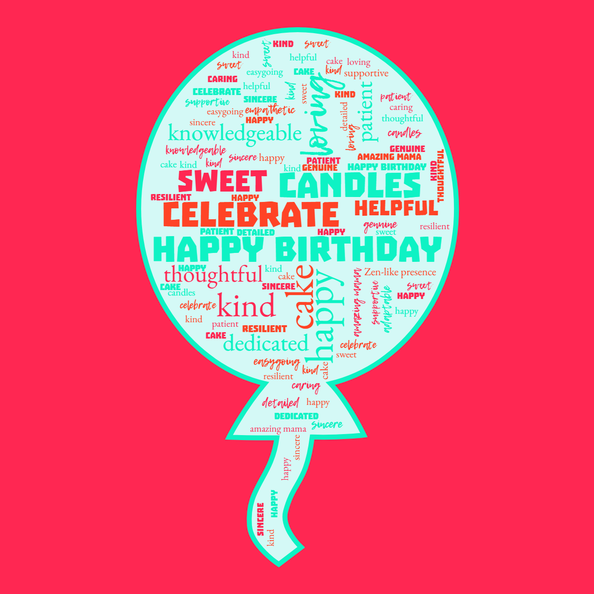 Word cloud in a Balloon shape with 24 words like Happy Birthday, happy and celebrate in green, red and blue.