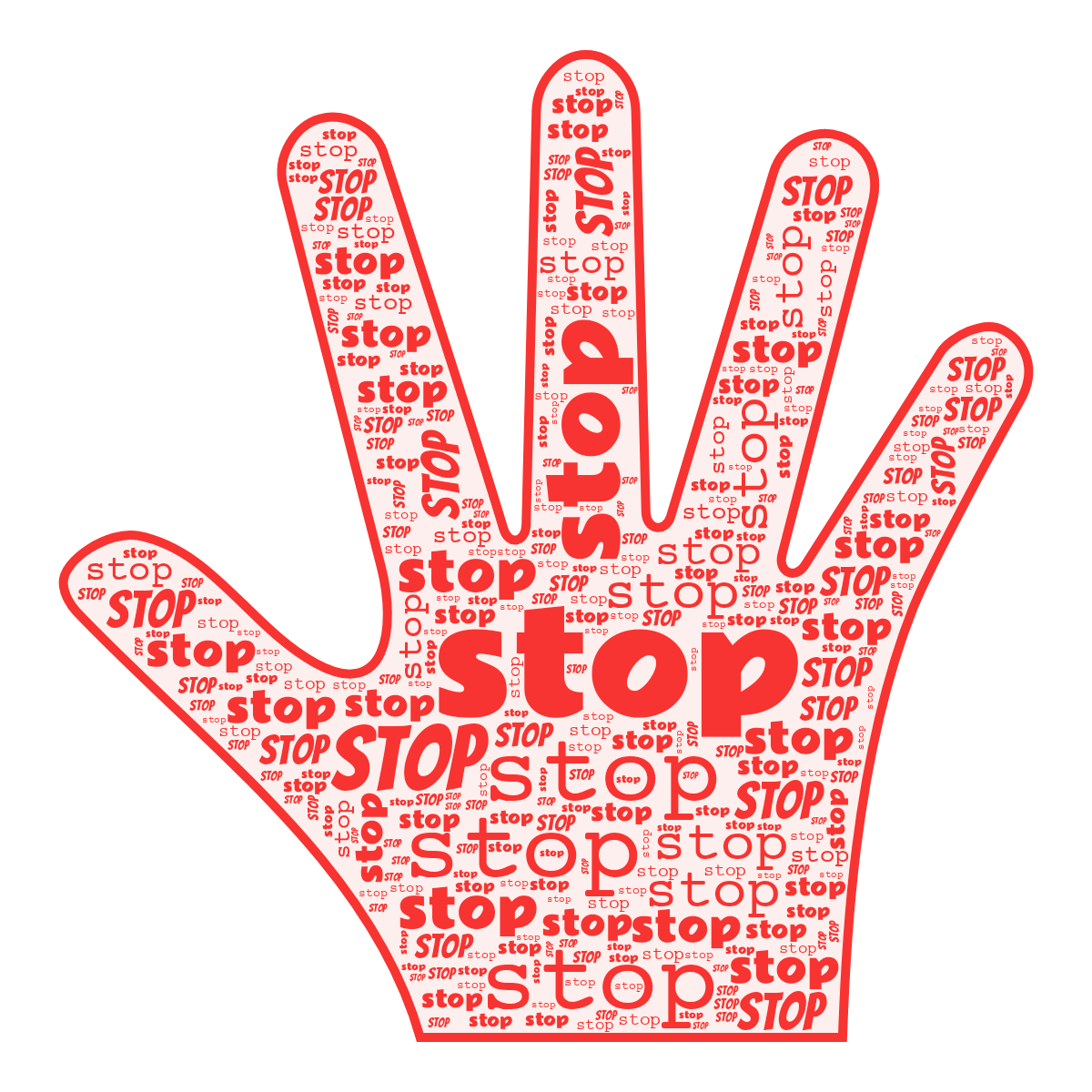 Word cloud in a Hand shape with 1 repeated word stop in red.