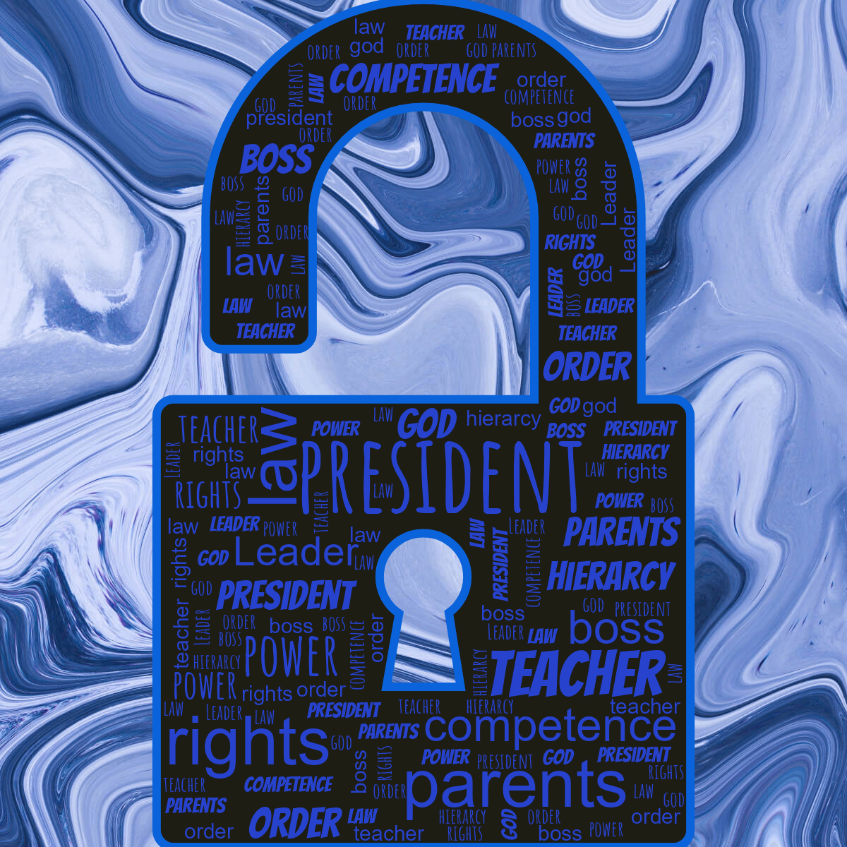 Word cloud in a Lock shape with 12 words like president, rights and law in blue and yellow.