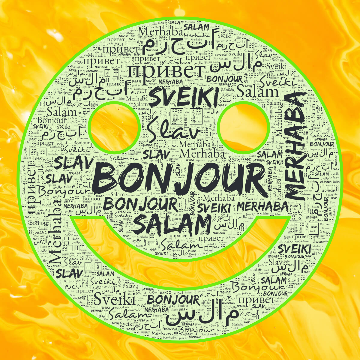 Word cloud in a Smiling Face shape with 9 words like Bonjour, Merhaba and Salam in blue and green.