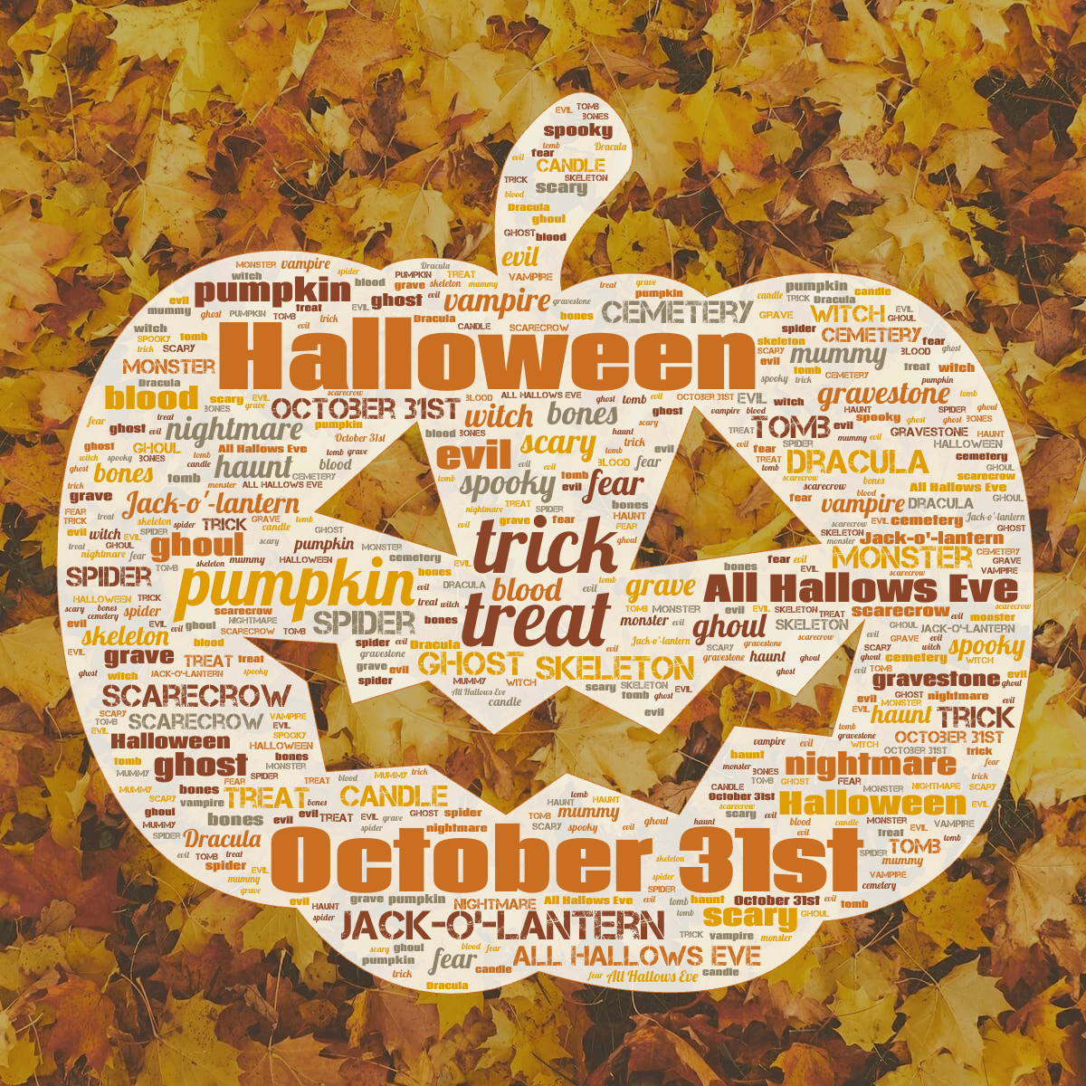 Word cloud in a Pumpkin shape with 30 words like Halloween, October 31st and trick in orange, red and yellow.